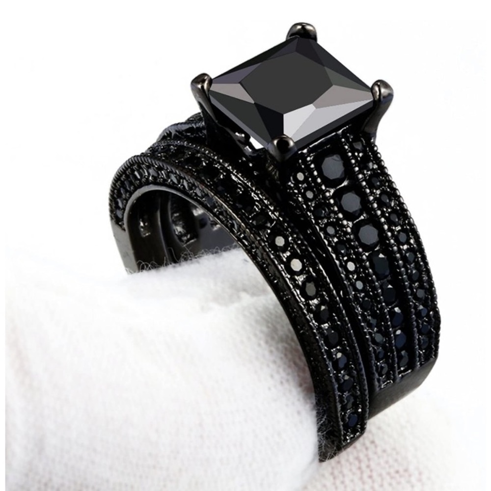 Princess cut black sapphire sterling silver ring